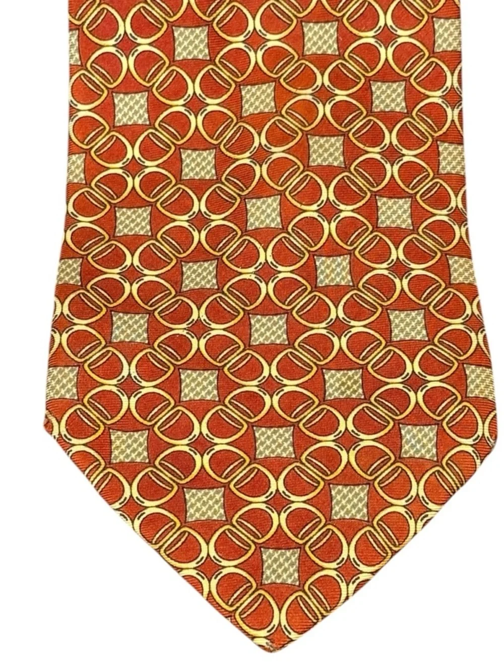 Paolo Gucci Vintage Silk Tie Rust Gold Ring Link Geometric Italy Crest Lining